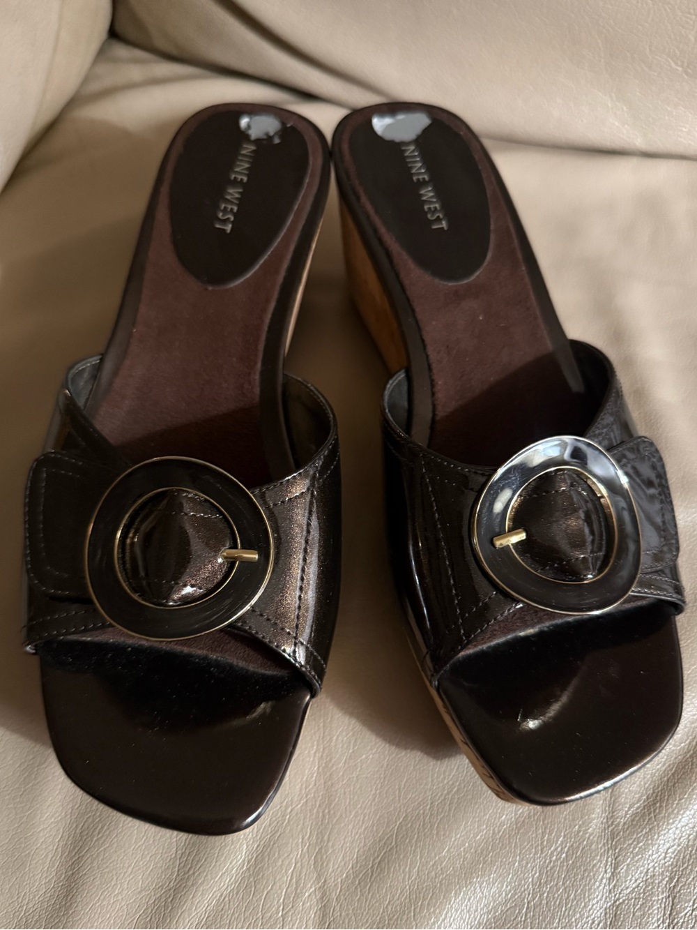 Nine West Bronze Patent Leather Mule Sandals with Decorative Buckle